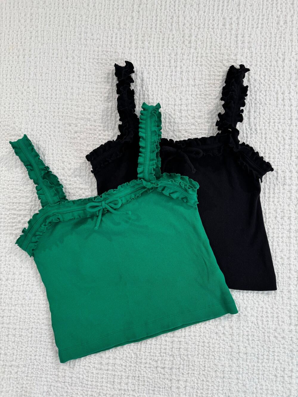 Maeve Anthropologie Ribbed Ruffle Tank Tops Size S Black Green 2pc Bundle